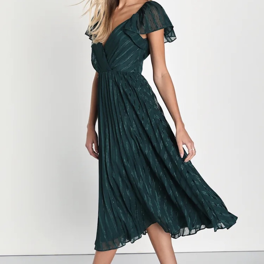 Lulu's Dark Green Flutter Sleeve Midi Dress